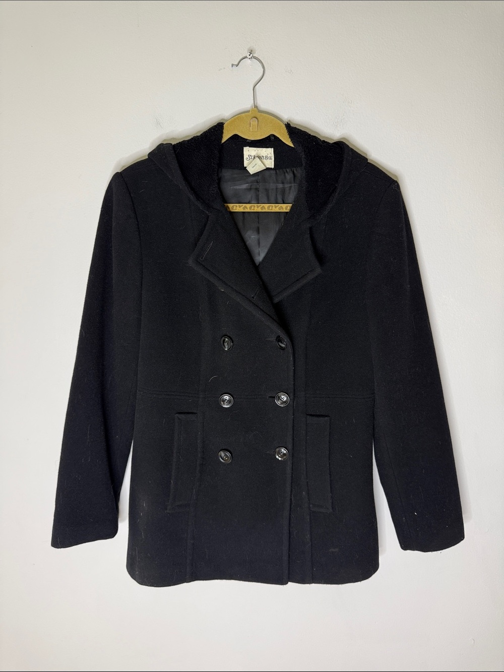 St. John's Bay Black Double-Breasted Hooded Peacoat Size Small
